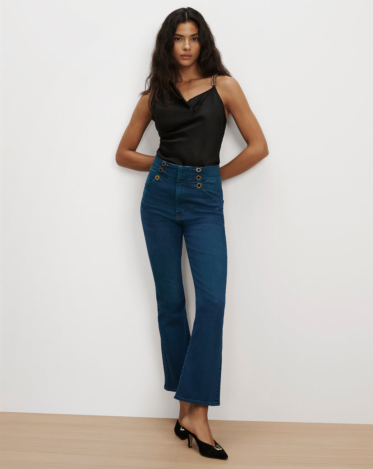 Veronica Beard Blue denim flare jeans with buttoned high waist.