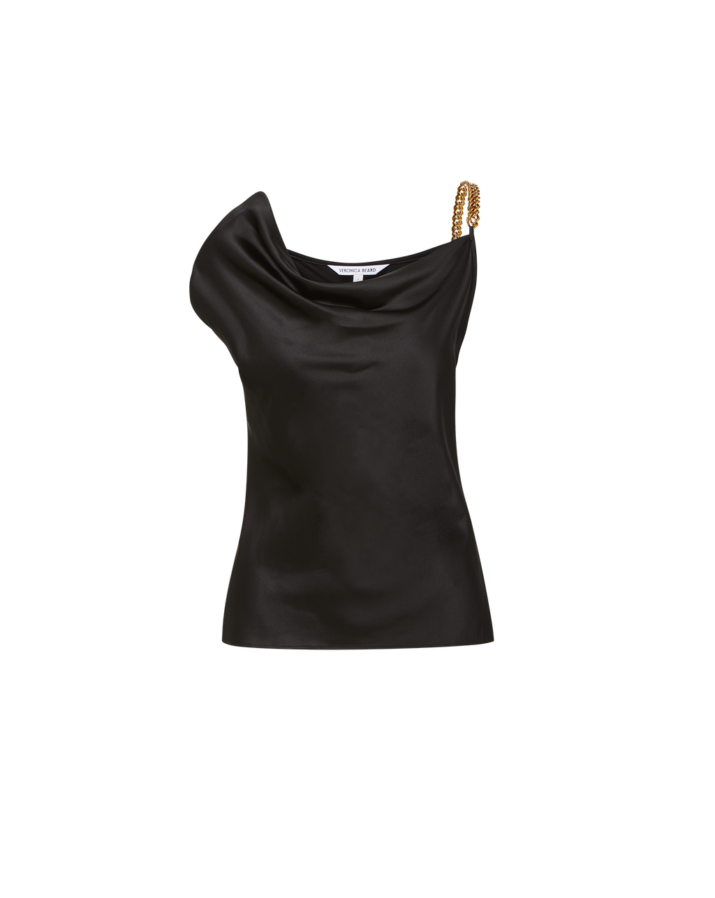 Veronica Beard Black satin one-shoulder top with chain strap.
