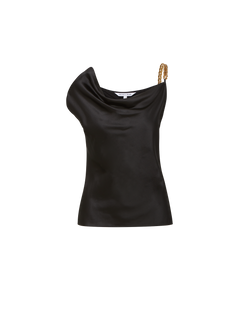 Veronica Beard Black satin one-shoulder top with chain strap.