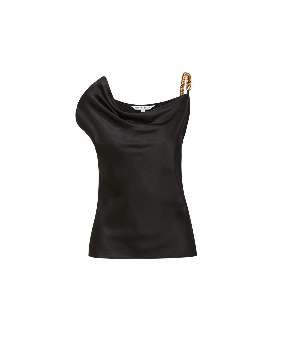 Veronica Beard Black satin one-shoulder top with chain strap.