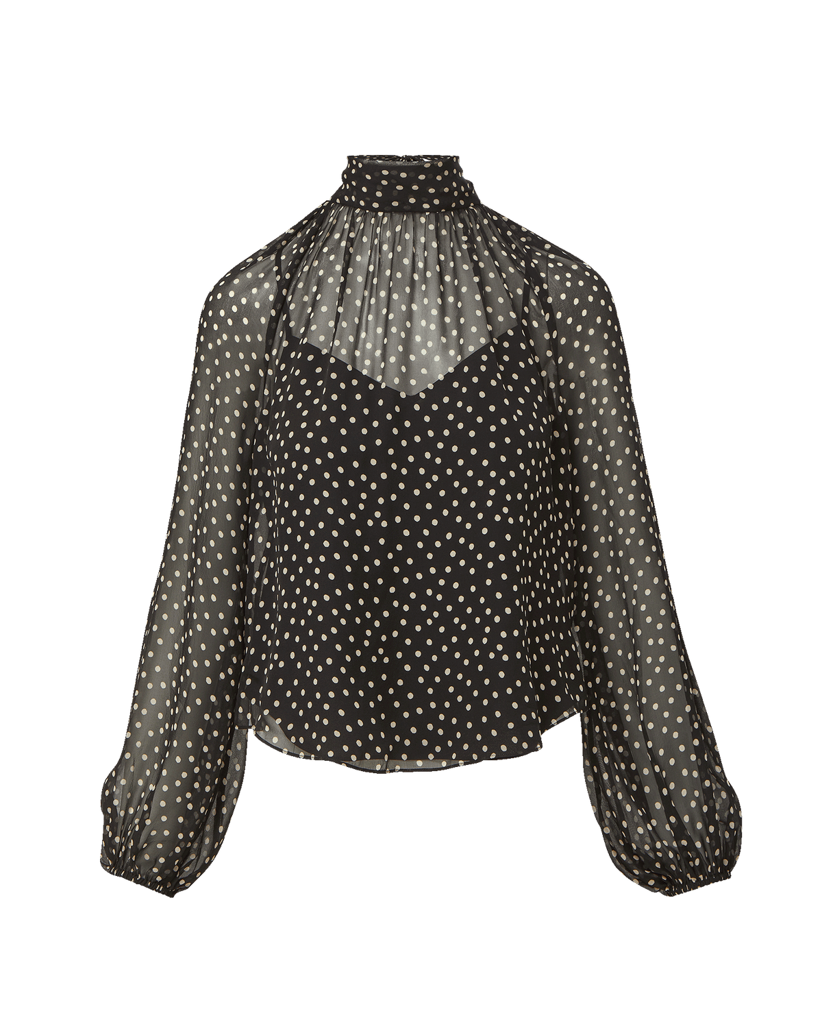 Veronica Beard Black polka dot sheer high-neck blouse.