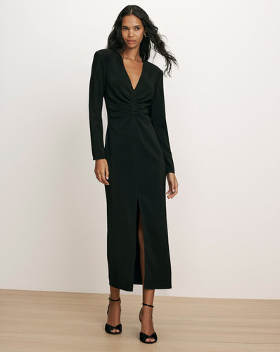 Veronica Beard Black midi dress with ruched bodice.