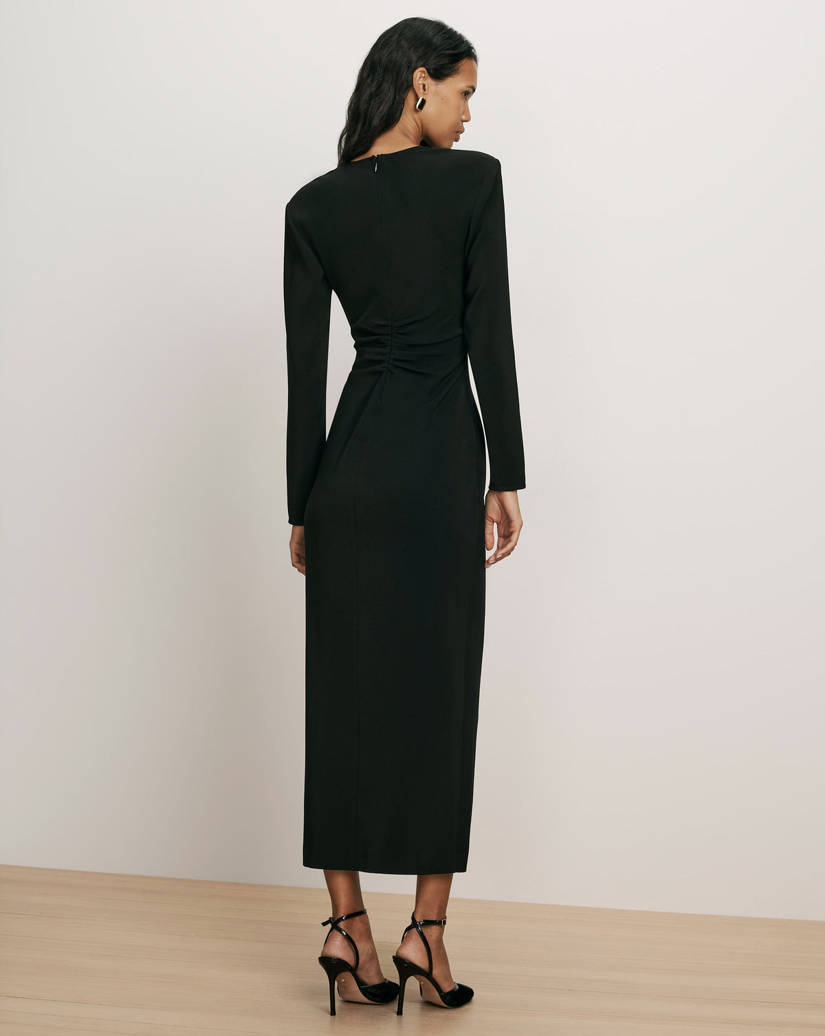 Veronica Beard Black long-sleeve midi dress with back ruching.