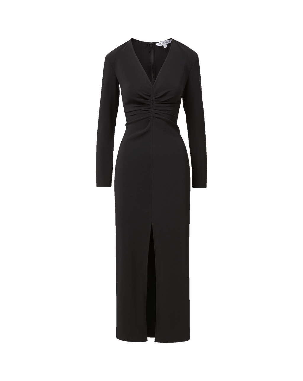 Veronica Beard Black long-sleeve midi dress with front slit.