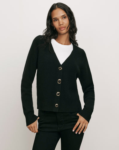 Veronica Beard Black ribbed knit V-neck cardigan with gold buttons.