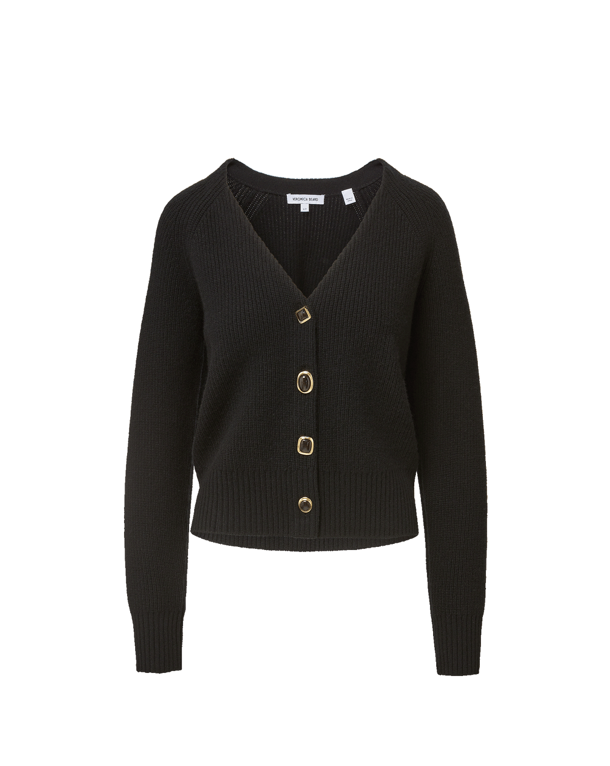Veronica Beard Black knit cardigan with gold-rimmed buttons.