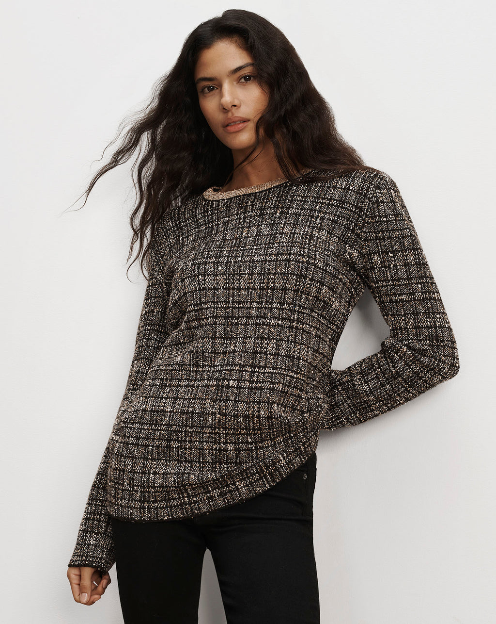 Veronica Beard Black textured tweed sweater with metallic neckline.