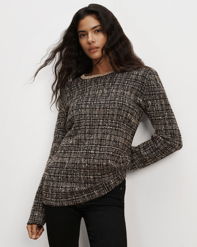 Veronica Beard Black textured tweed sweater with metallic neckline.
