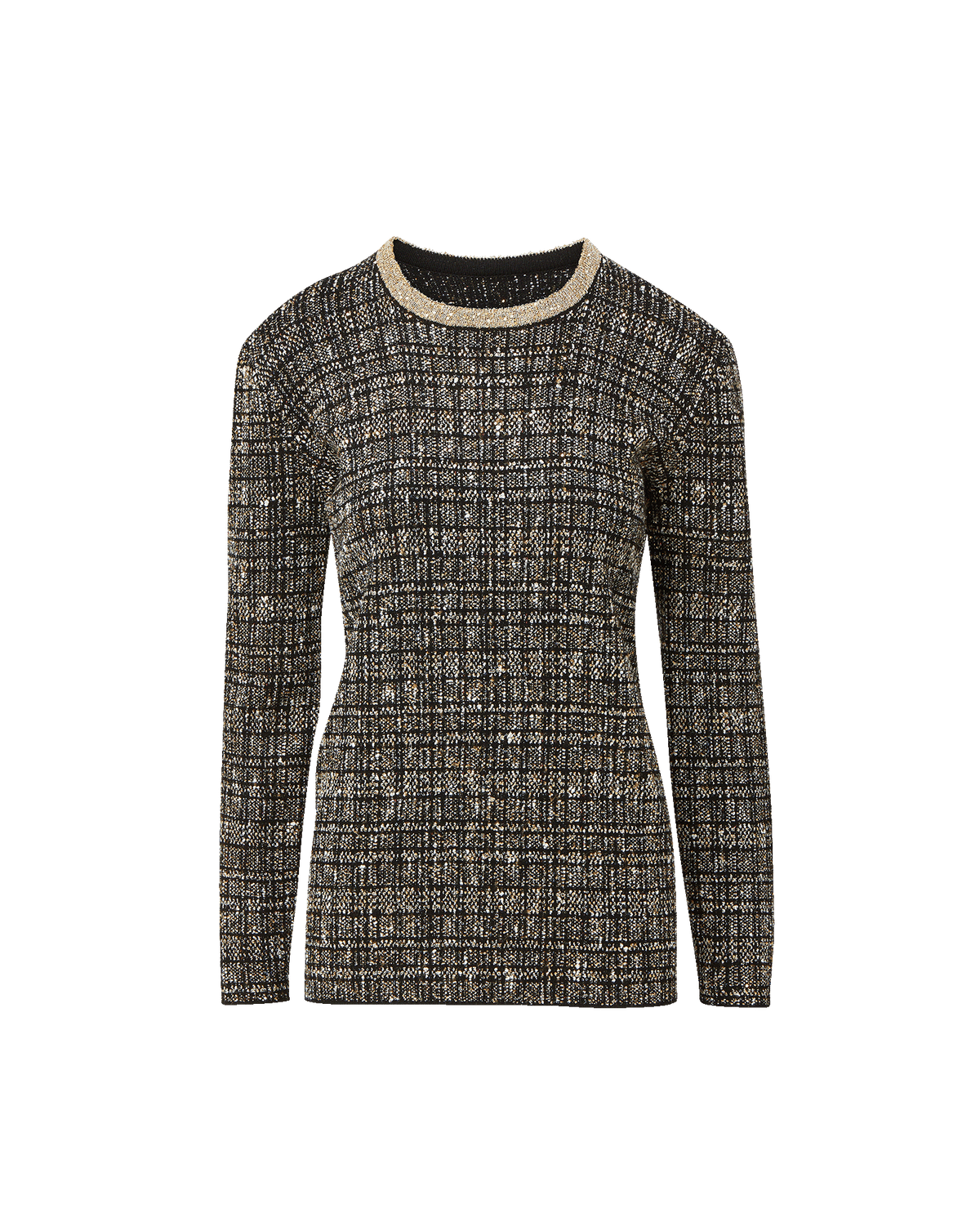 Veronica Beard Black tweed sweater with metallic neckline trim.