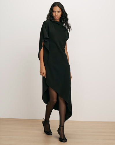 Veronica Beard Black draped asymmetrical midi dress with sleeves.