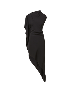 Veronica Beard Black asymmetric draped one-shoulder midi dress.