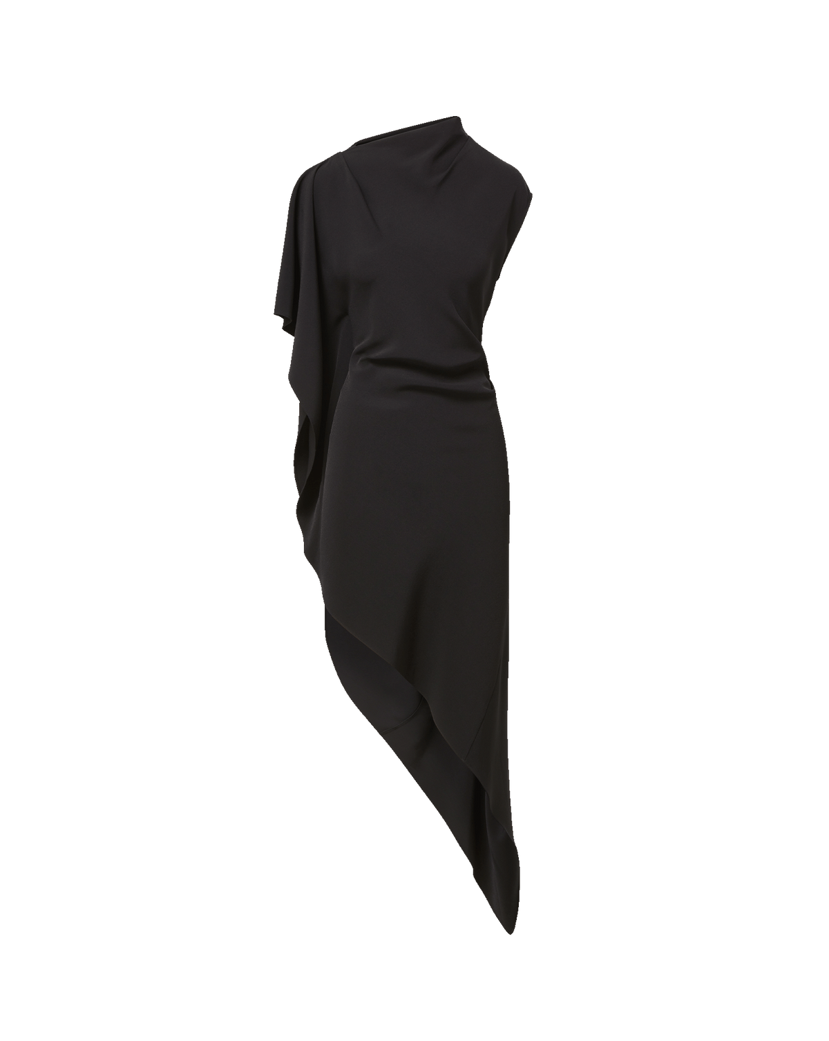 Veronica Beard Black asymmetric draped one-shoulder midi dress.