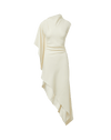 Veronica Beard Cream asymmetric midi dress with draped sleeve.