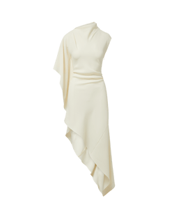 Veronica Beard Cream asymmetric midi dress with draped sleeve.