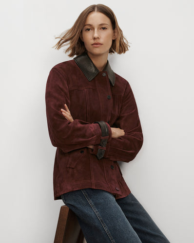 Veronica Beard Burgundy suede jacket with leather collar.