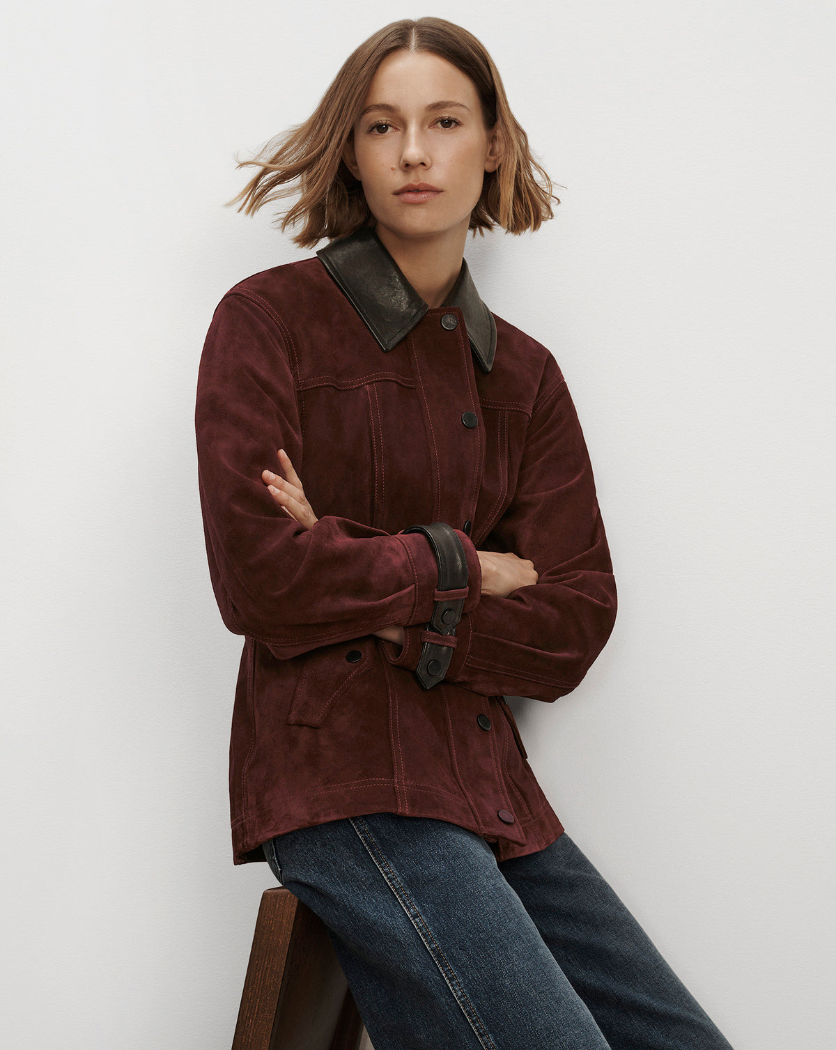 Veronica Beard Burgundy suede jacket with leather collar.