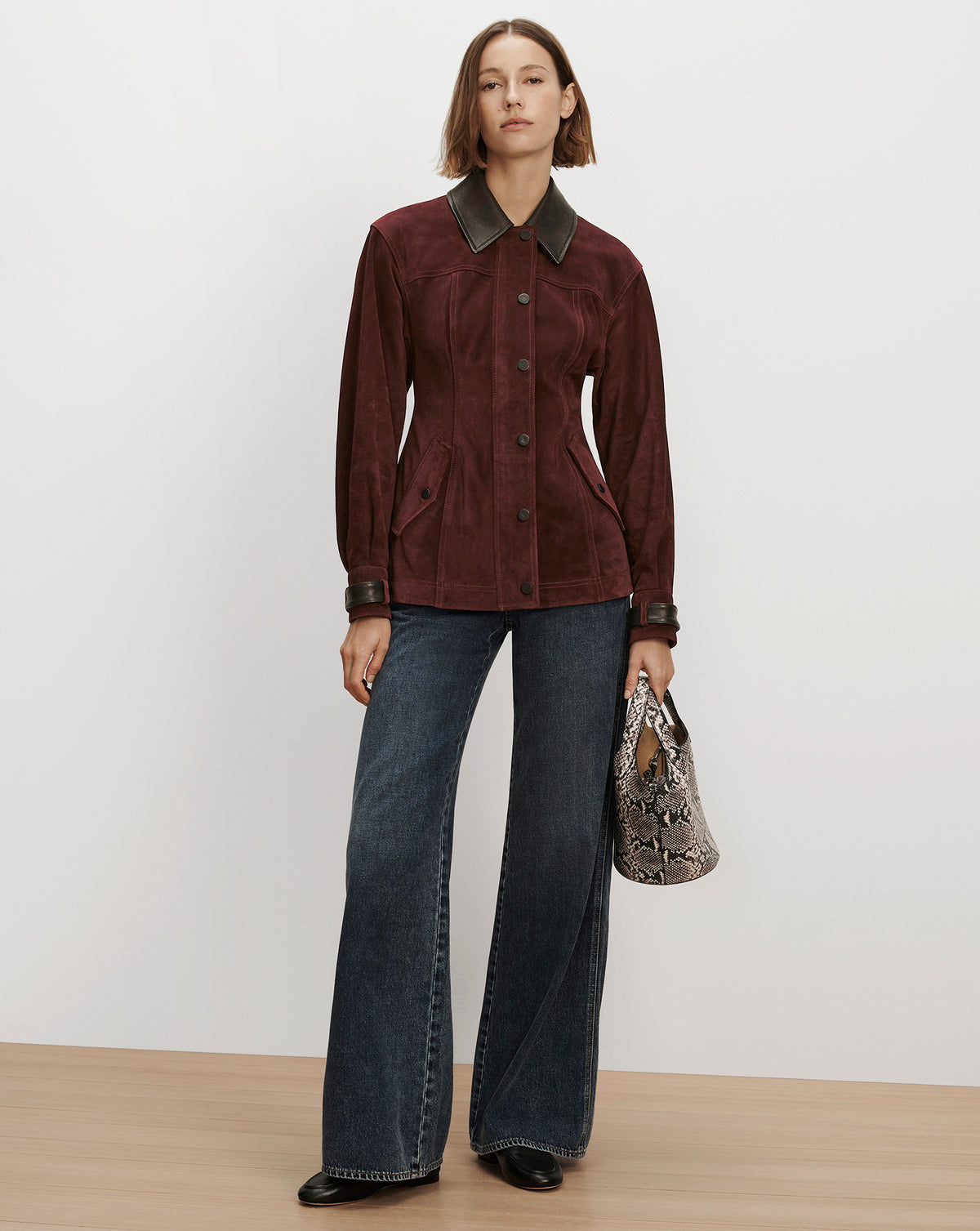 Veronica Beard Burgundy suede jacket with leather collar.
