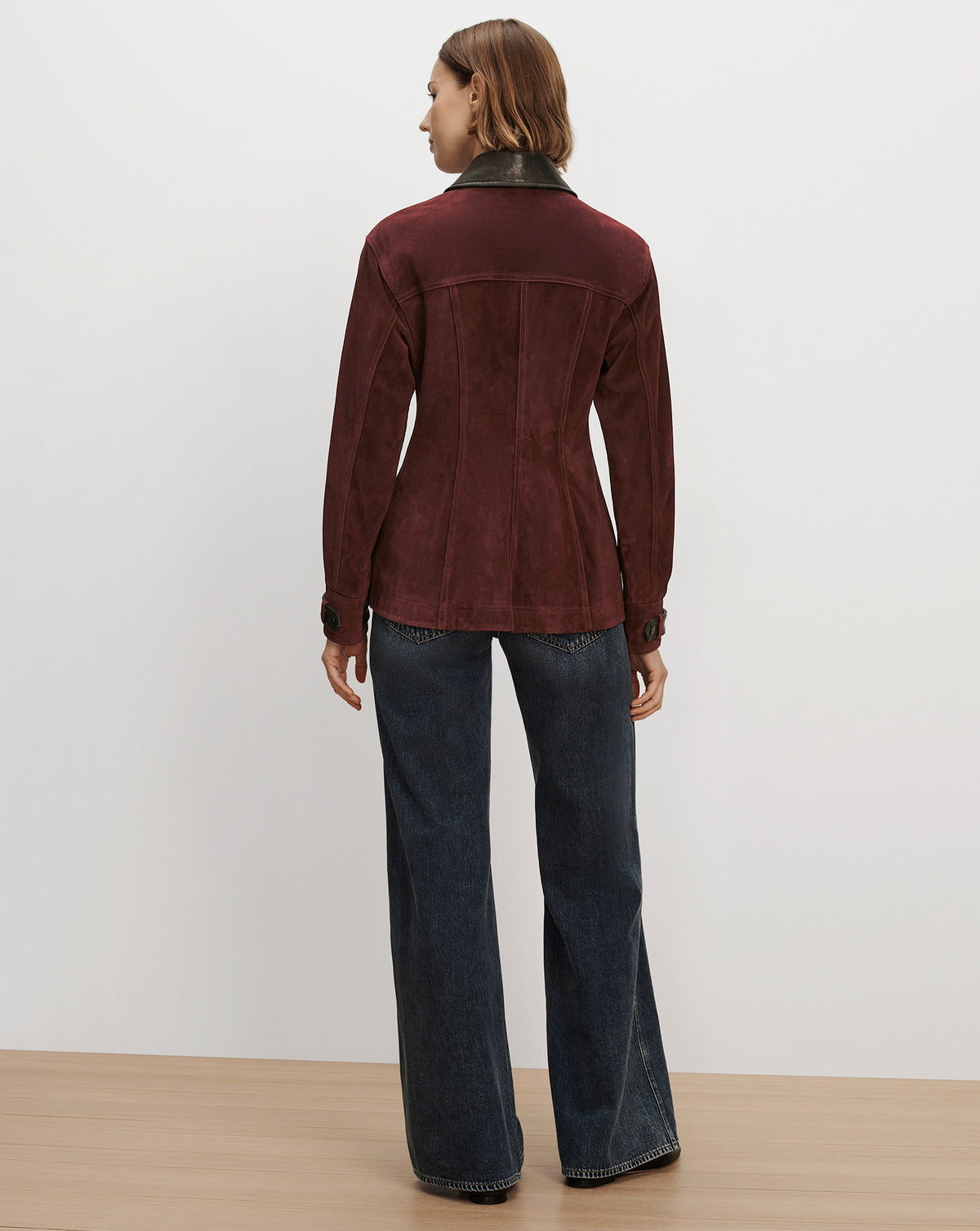 Veronica Beard Burgundy suede jacket with leather collar.