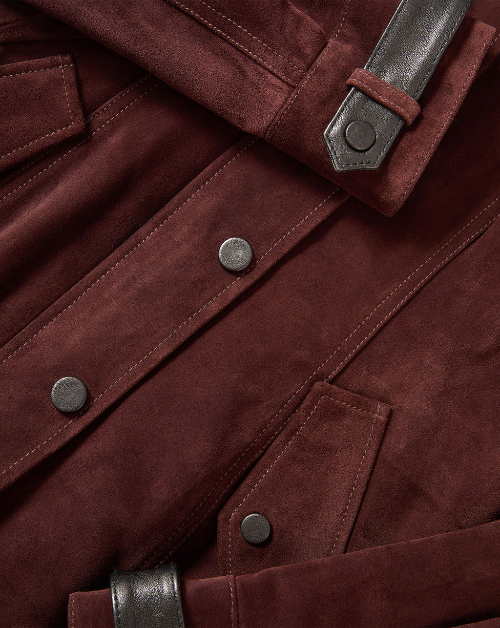 Veronica Beard Burgundy suede jacket with snap buttons and leather trim.