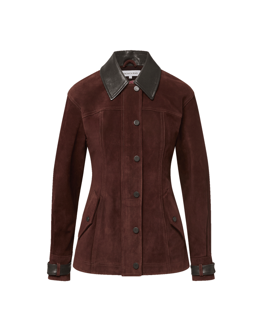 Veronica Beard Maroon suede jacket with black leather collar.