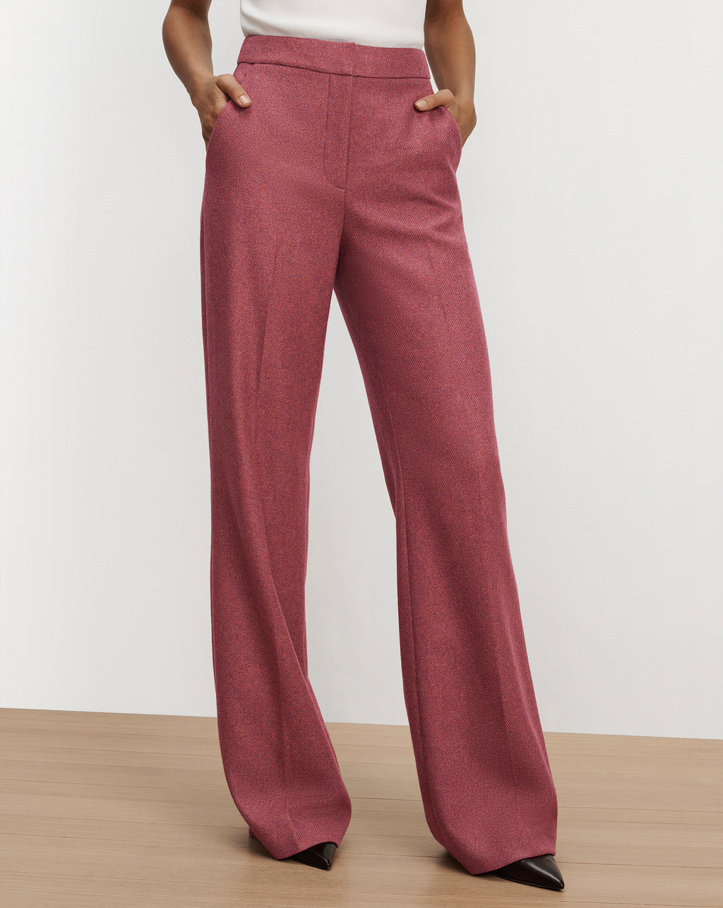 Veronica Beard Pink tweed wide-leg tailored trousers.