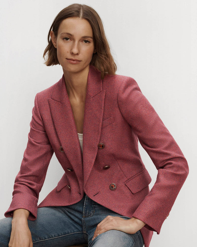 Veronica Beard Pink tweed double-breasted blazer with structured lapels.