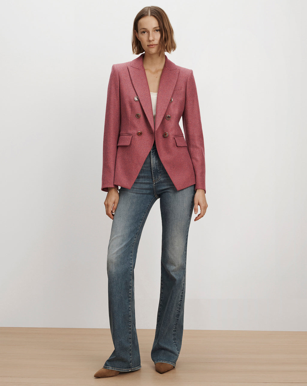 Veronica Beard Pink double-breasted blazer with textured tweed material.