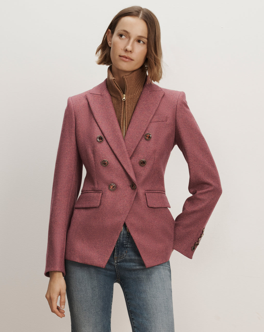 Veronica Beard Pink tweed double-breasted blazer with tortoise buttons.