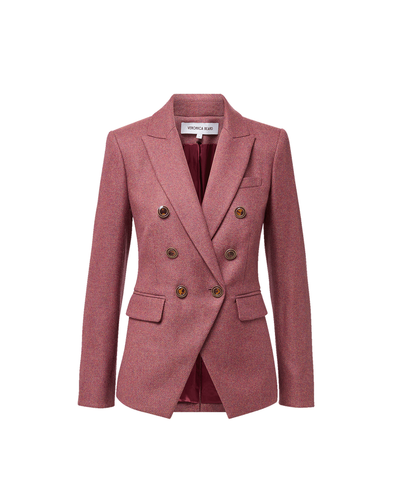 Veronica Beard Pink tweed double-breasted blazer with tortoise buttons.