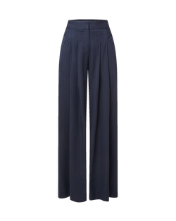 Veronica Beard Dark blue pleated wide-leg pinstripe trousers.