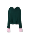 Veronica Beard Dark green crewneck sweater with pink cuffs.