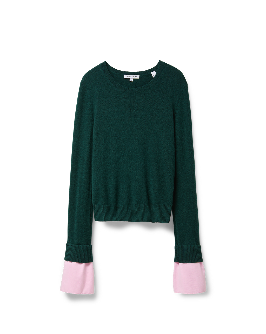 Veronica Beard Dark green crewneck sweater with pink cuffs.
