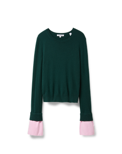 Veronica Beard Dark green crewneck sweater with pink cuffs.