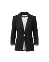 Veronica Beard Black blazer with ruched sleeves and white lining.