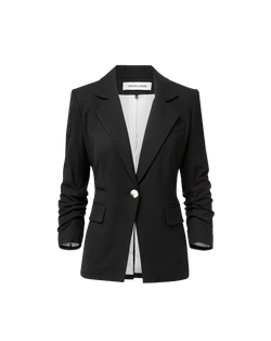 Veronica Beard Black blazer with ruched sleeves and white lining.