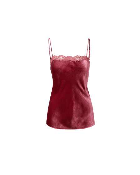 Veronica Beard Red velvet camisole with lace trim.