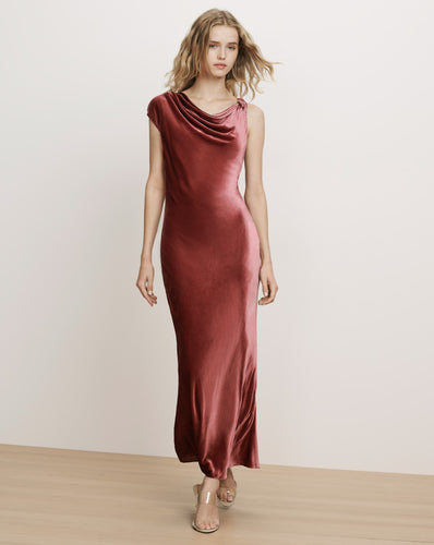 Veronica Beard Mauve velvet draped cowl neck maxi dress.