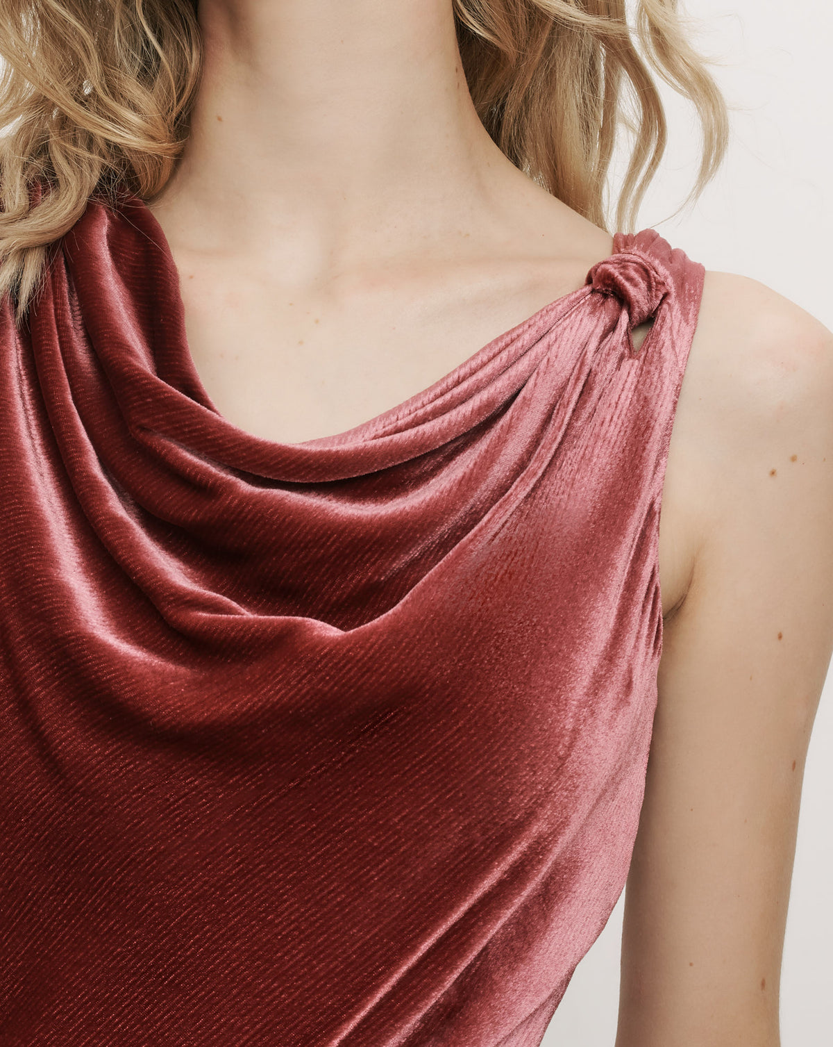 Veronica Beard Pink velvet draped dress with shoulder knot.