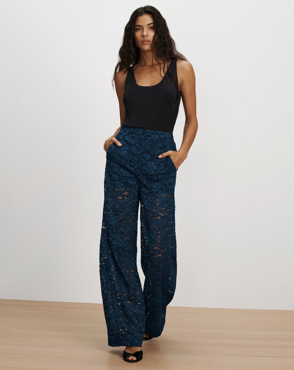 Veronica Beard Navy blue lace wide-leg pants.