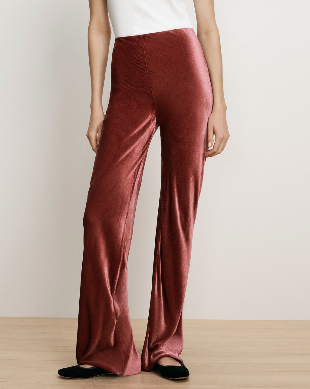 Veronica Beard Red velvet wide-leg trousers with elastic waistband.