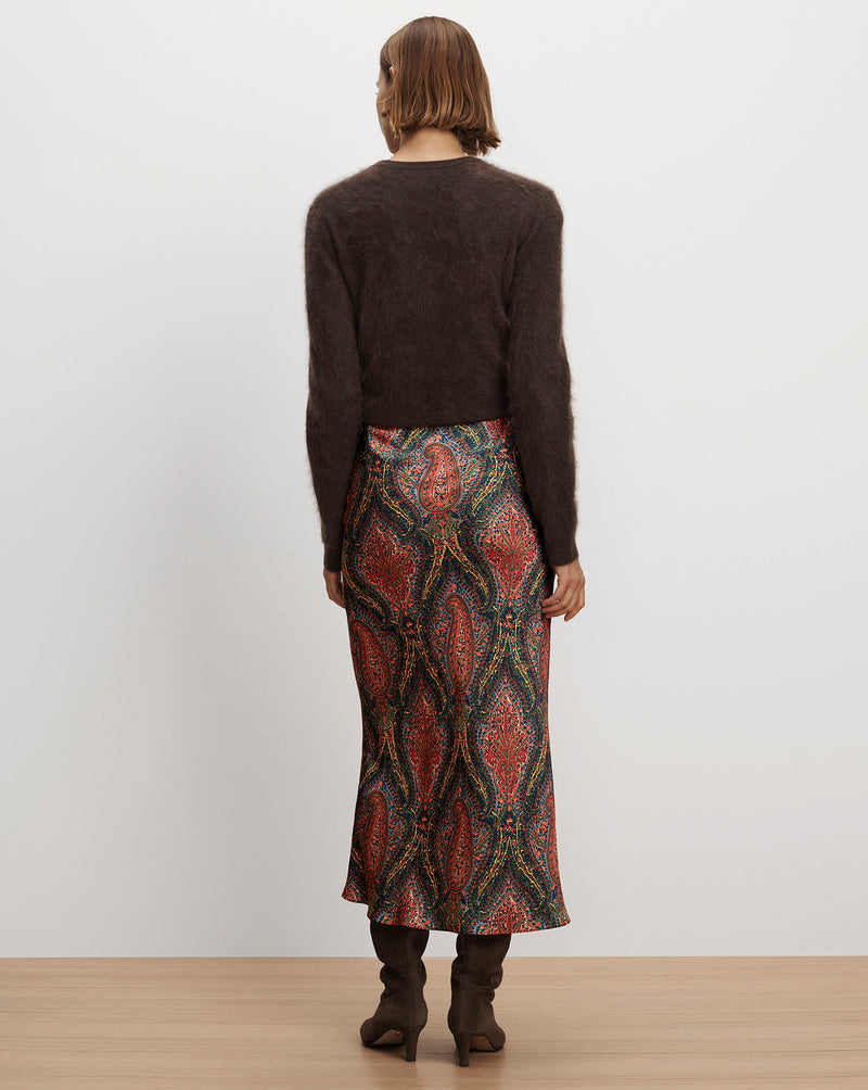 Veronica Beard Brown fuzzy sweater and paisley midi skirt.