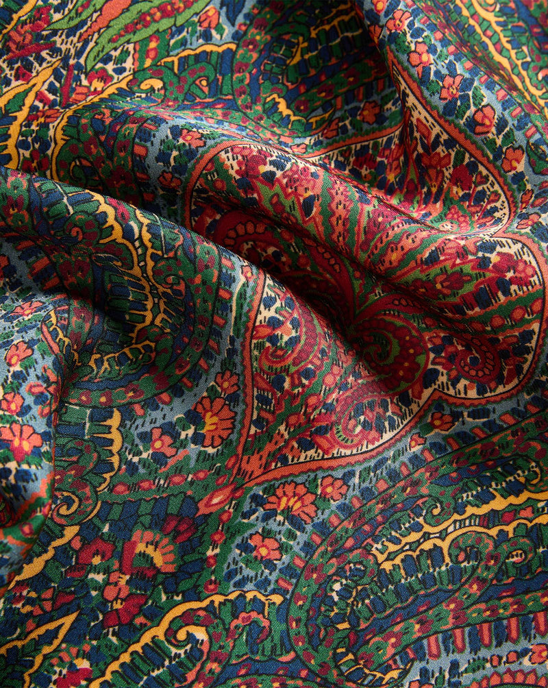 Veronica Beard Multicolor paisley silk fabric with intricate floral patterns.