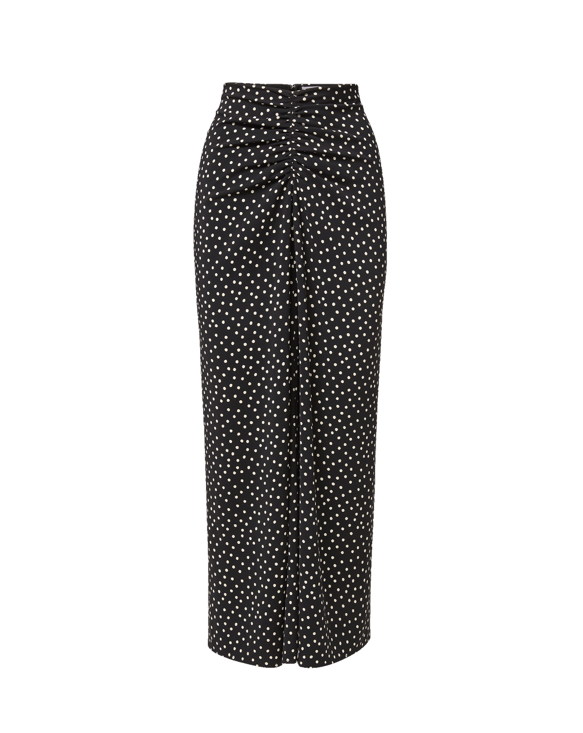 Veronica Beard Black polka-dot midi skirt with ruched front.