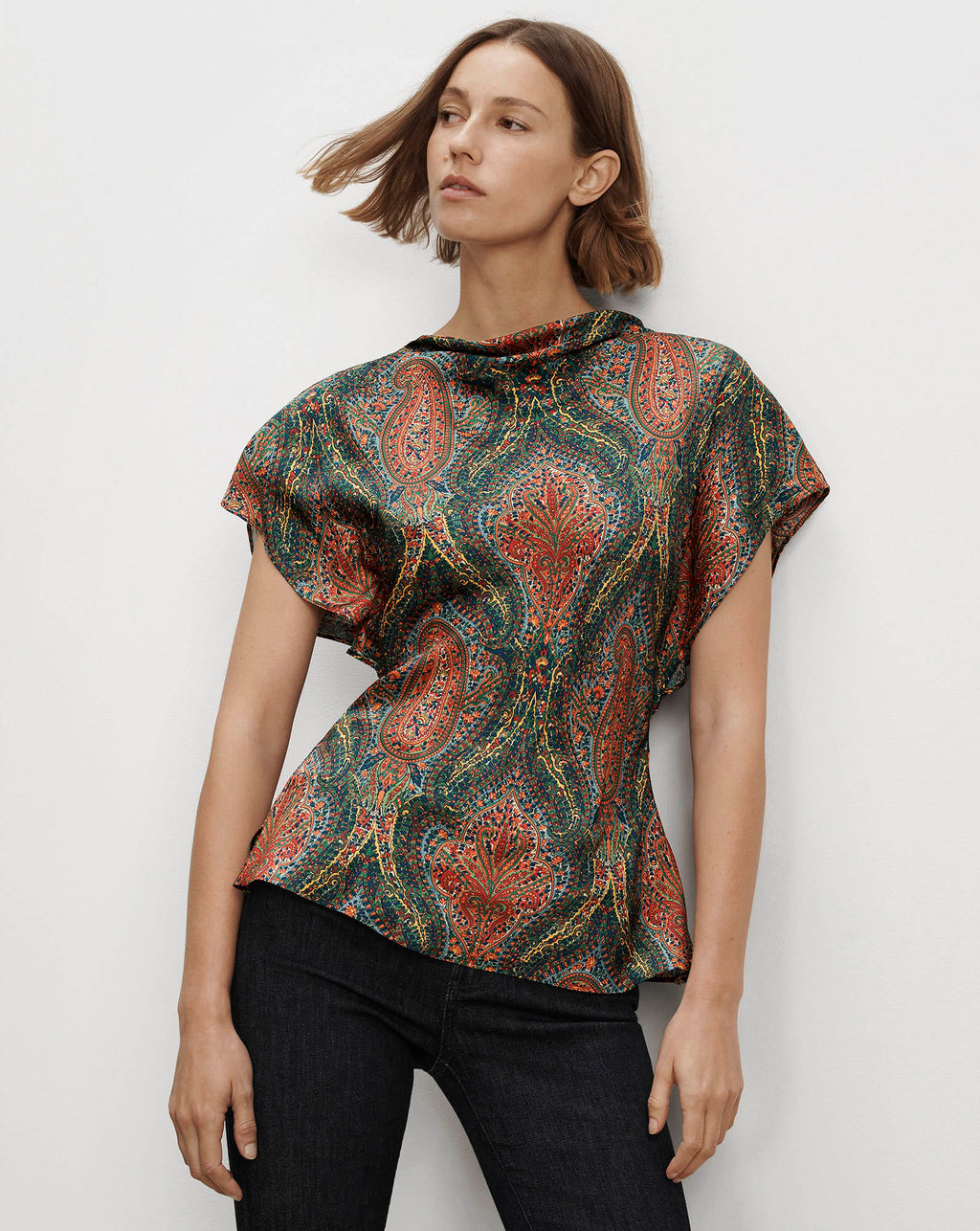 Veronica Beard Multicolor paisley silk draped cowl neck blouse.