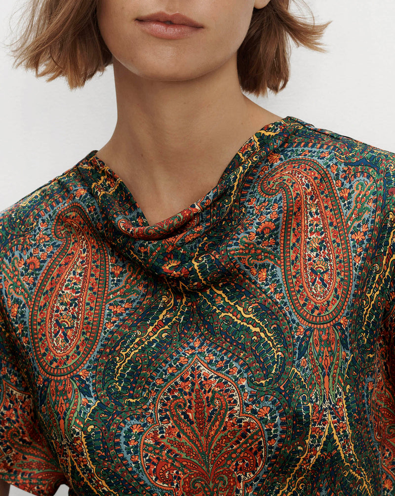 Veronica Beard Multicolor paisley print draped cowl neck satin top.
