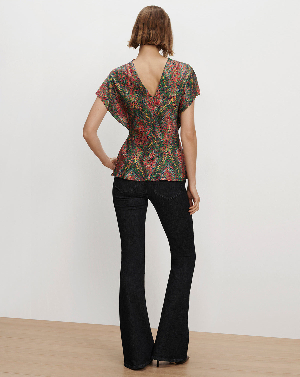 Veronica Beard Multicolor paisley silk V-neck short-sleeve top.