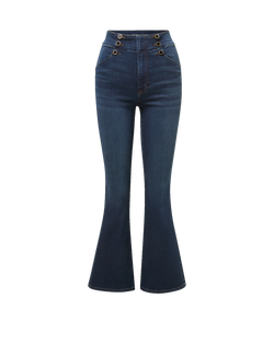 Veronica Beard Dark blue flare jeans with high waist buttons.