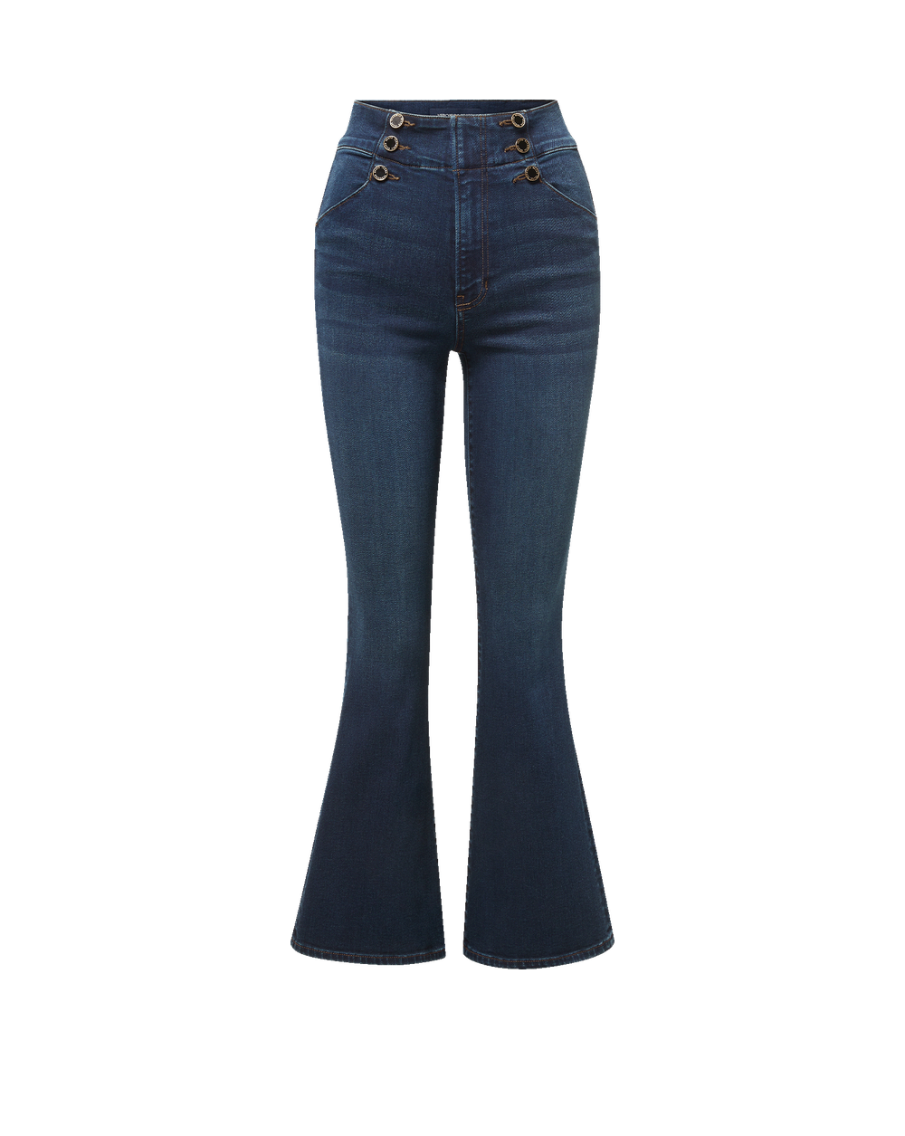 Veronica Beard Dark blue flare jeans with high waist buttons.