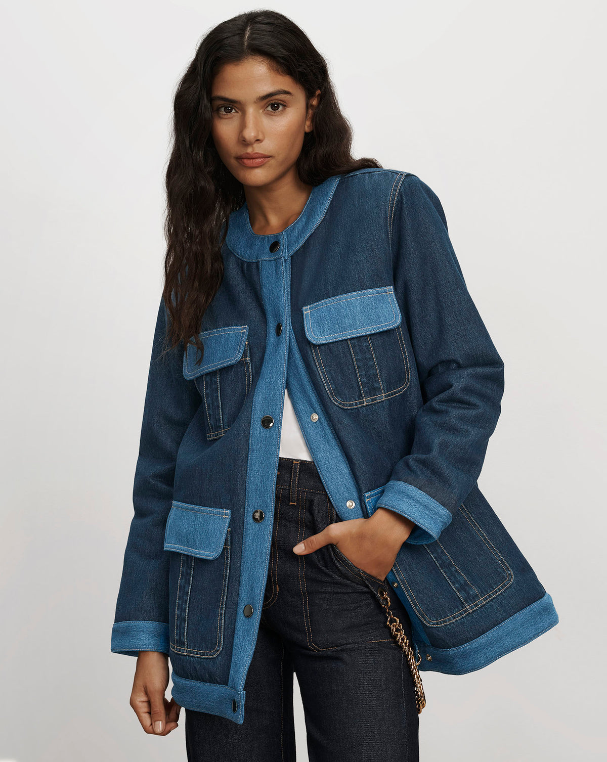 Veronica Beard Blue denim jacket with contrasting light blue panels.
