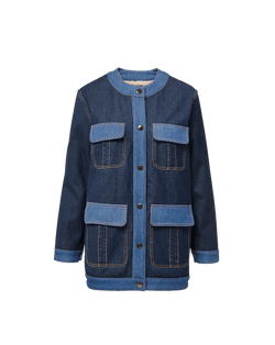 Veronica Beard Blue denim jacket with contrasting light blue pockets.
